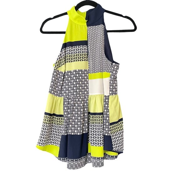 NWT Kaari Blue Halter Neck Patchwork Sleeveless Top In Navy Blue & Neon Yellow W - Picture 1 of 9